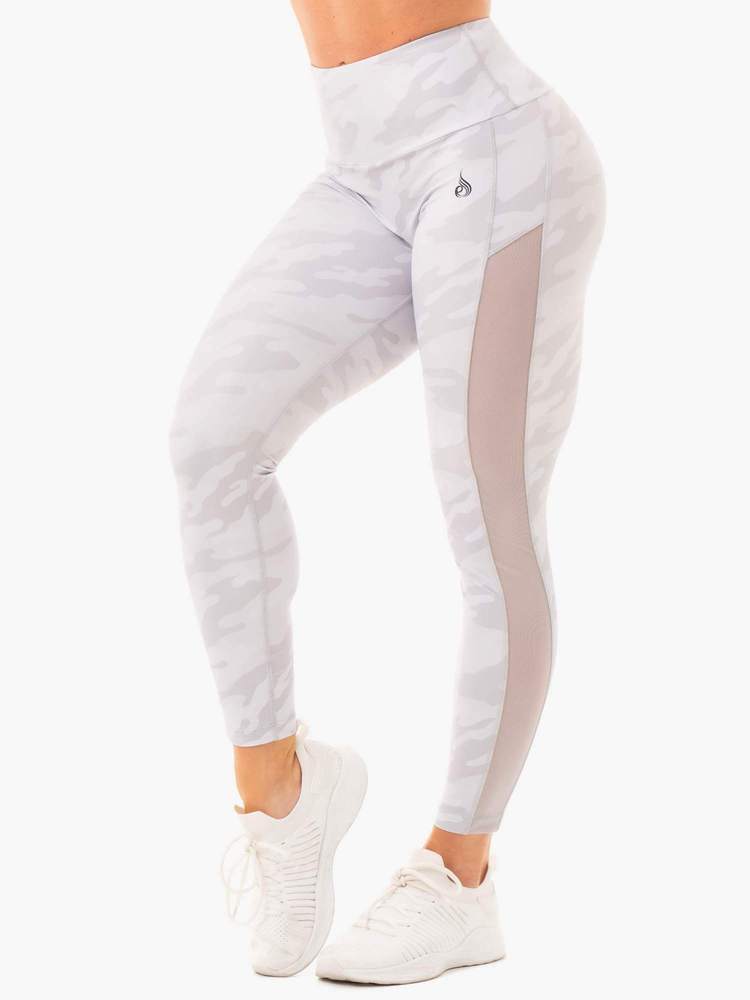 Grey camo scrunch bum leggings, front view