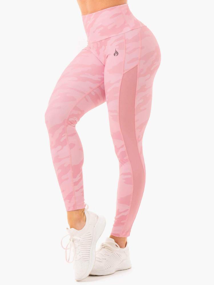 Pink camo scrunch bum leggings, front view